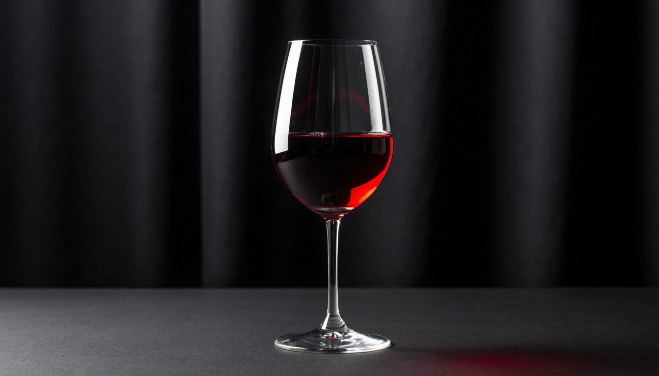 Бокал красного сухого вина с насыщенным рубиновым цветом на темном фоне