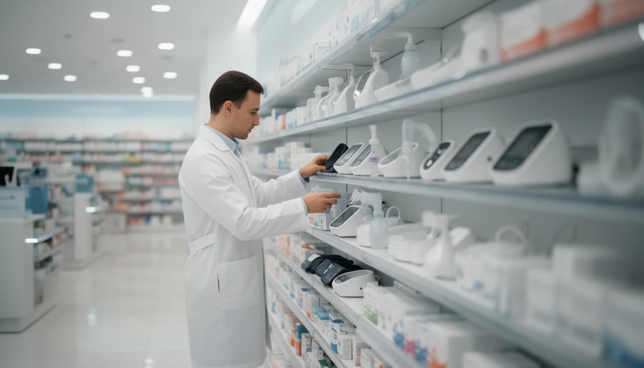 Выкладка медицинских приборов и техники в аптеке