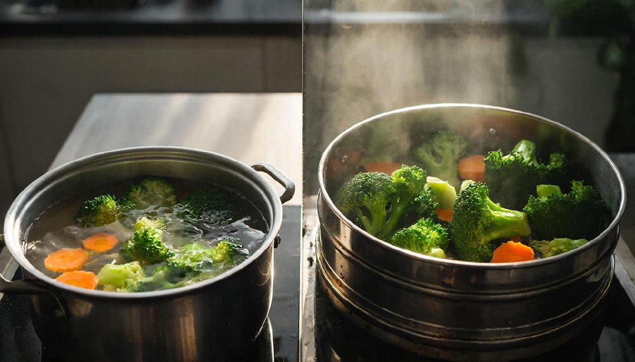Сравнение процесса варки овощей в воде и приготовления на пару