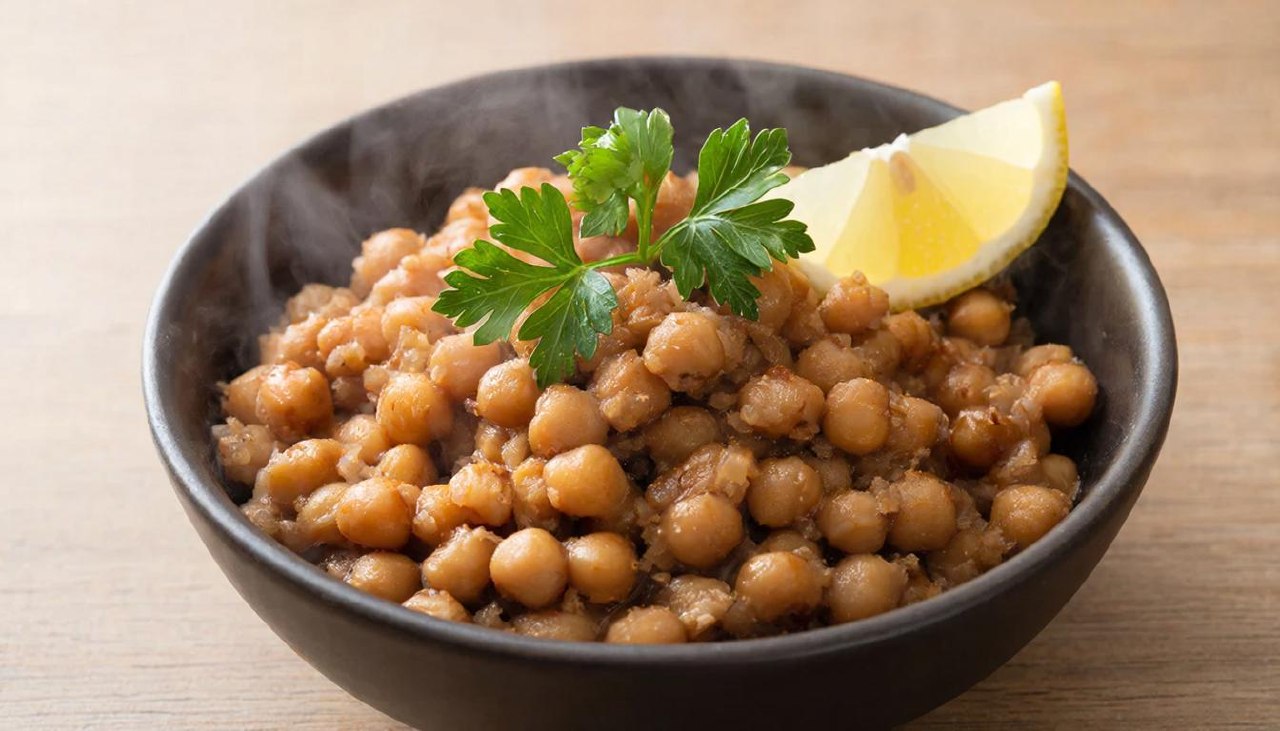 Вареная чечевица с зеленью в тарелке для расчета калорий