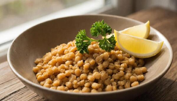 Порция вареного золотистого нута в тарелке для расчета калорий