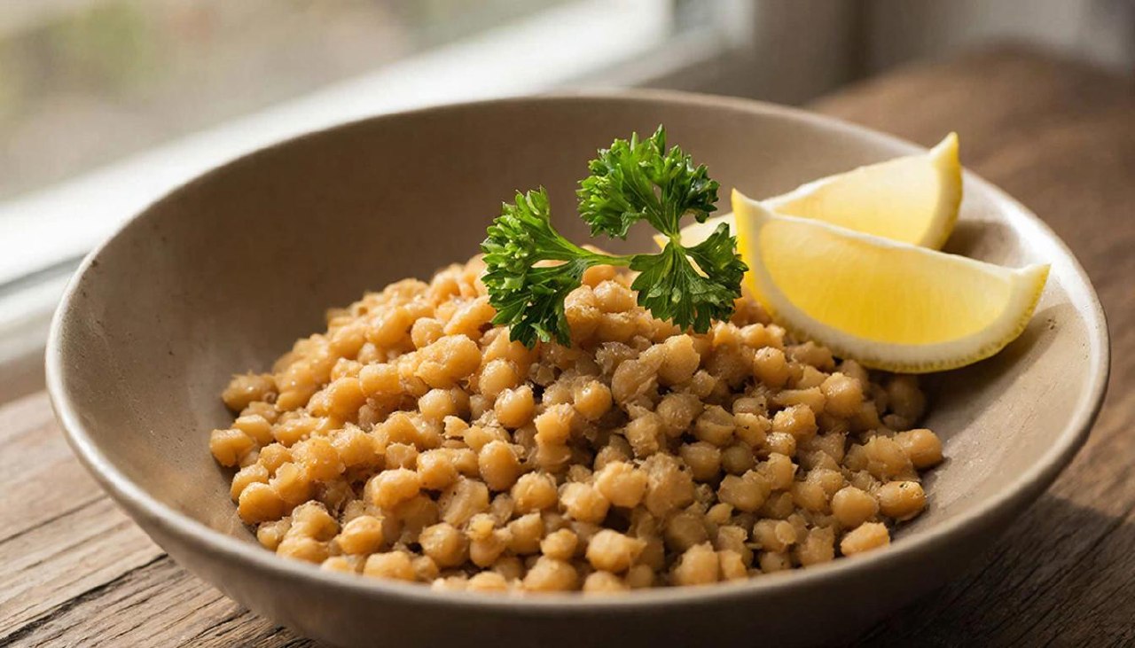 Порция вареного золотистого нута в тарелке для расчета калорий