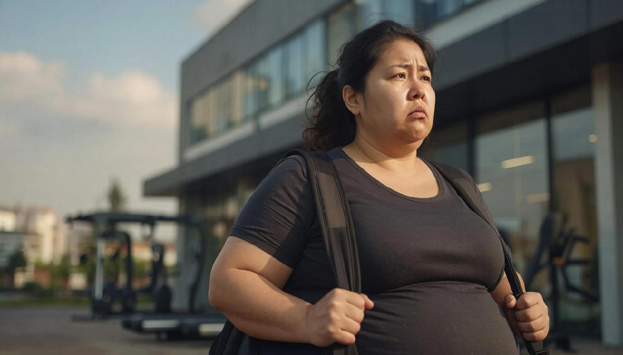 Женщина с спортивной сумкой перед входом в фитнес клуб готовится к тренировке