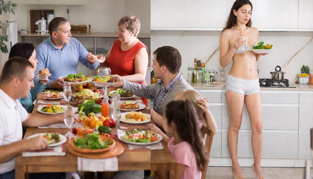 Женщина выбирает здоровое питание на фоне семейного застолья для коррекции веса