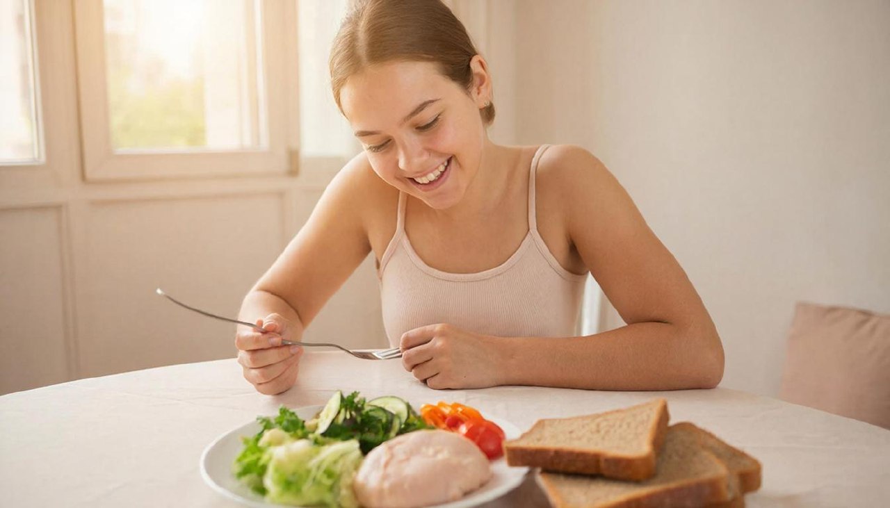 Женщина сбалансированно питается в спокойной обстановке для поддержания здоровья